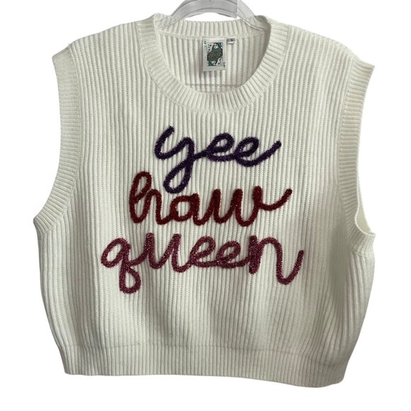 QUEEN OF SPARKLES YEE HAW QUEEN SMALL WHITE SWEATER VEST RED FRINGE PURPLE PINK - Picture 2 of 8